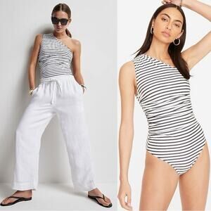 J.Crew Ruched One Shoulder One Piece Navy White Stripe Size 14 NWT Classic